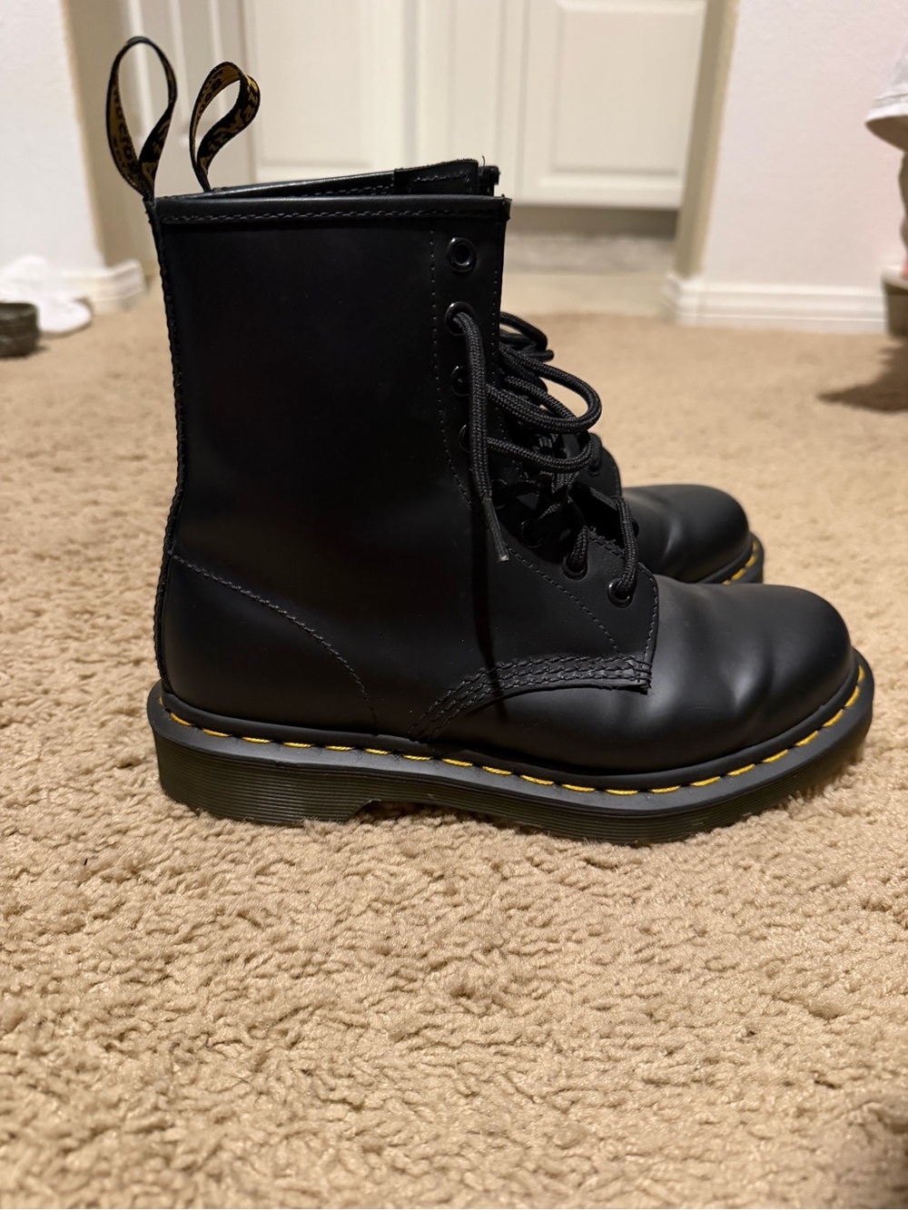 Dr. Martens Black Leather 8-Eye Lace-Up Boots with Yellow Stitching